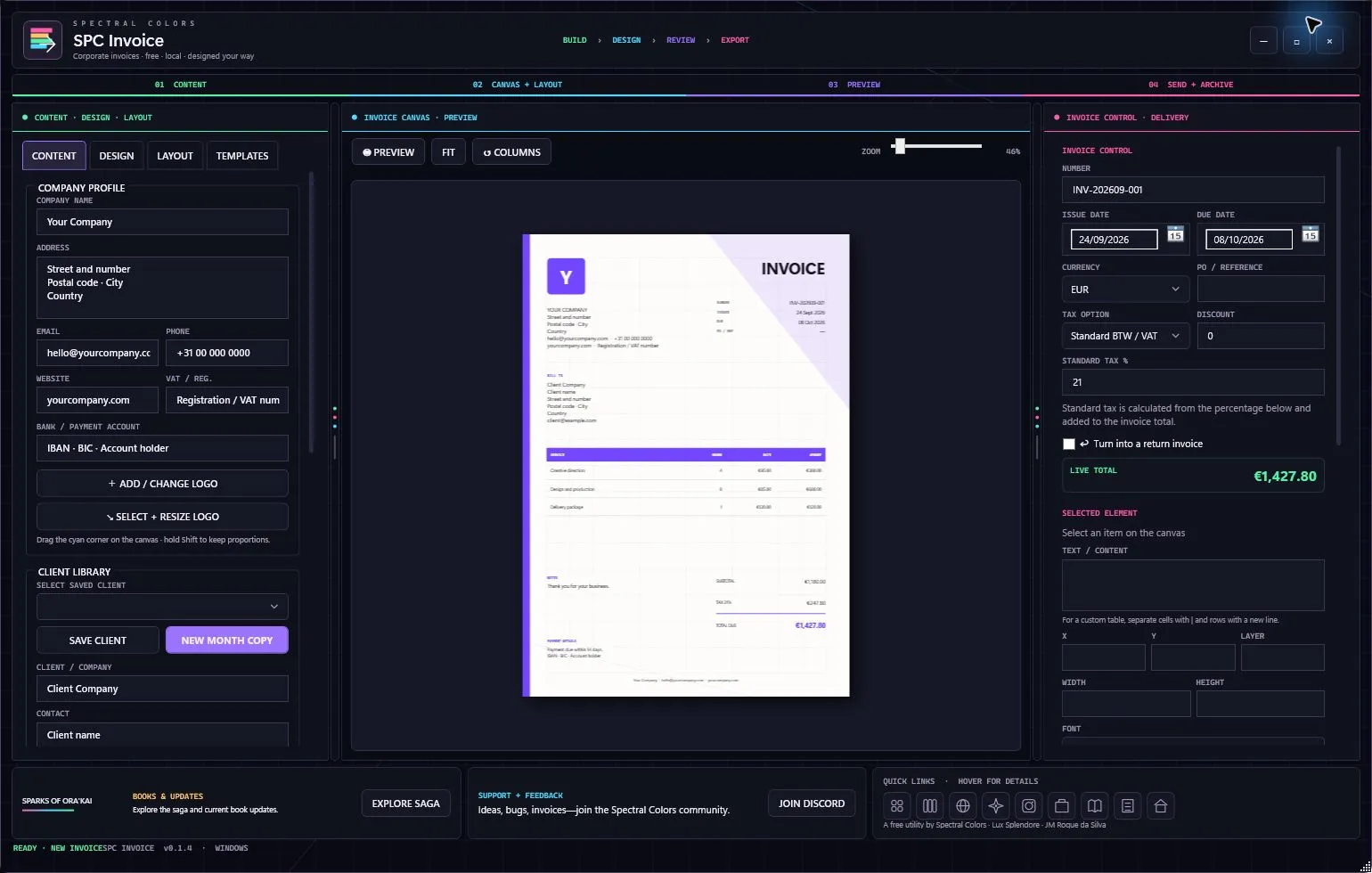 SPC Invoice v0.1.4 dark three-panel workspace with a corporate invoice on the center canvas and a Sparks of Ora'Kai support card