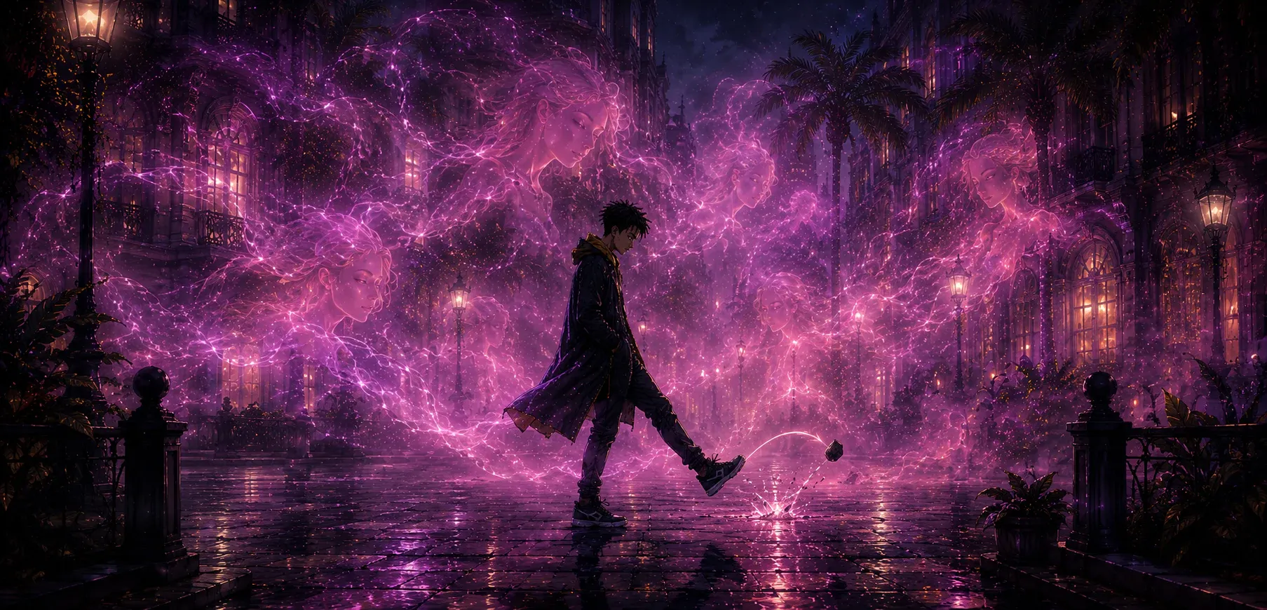 Roku walking through a luminous pink mist in the Elements of a Soul universe