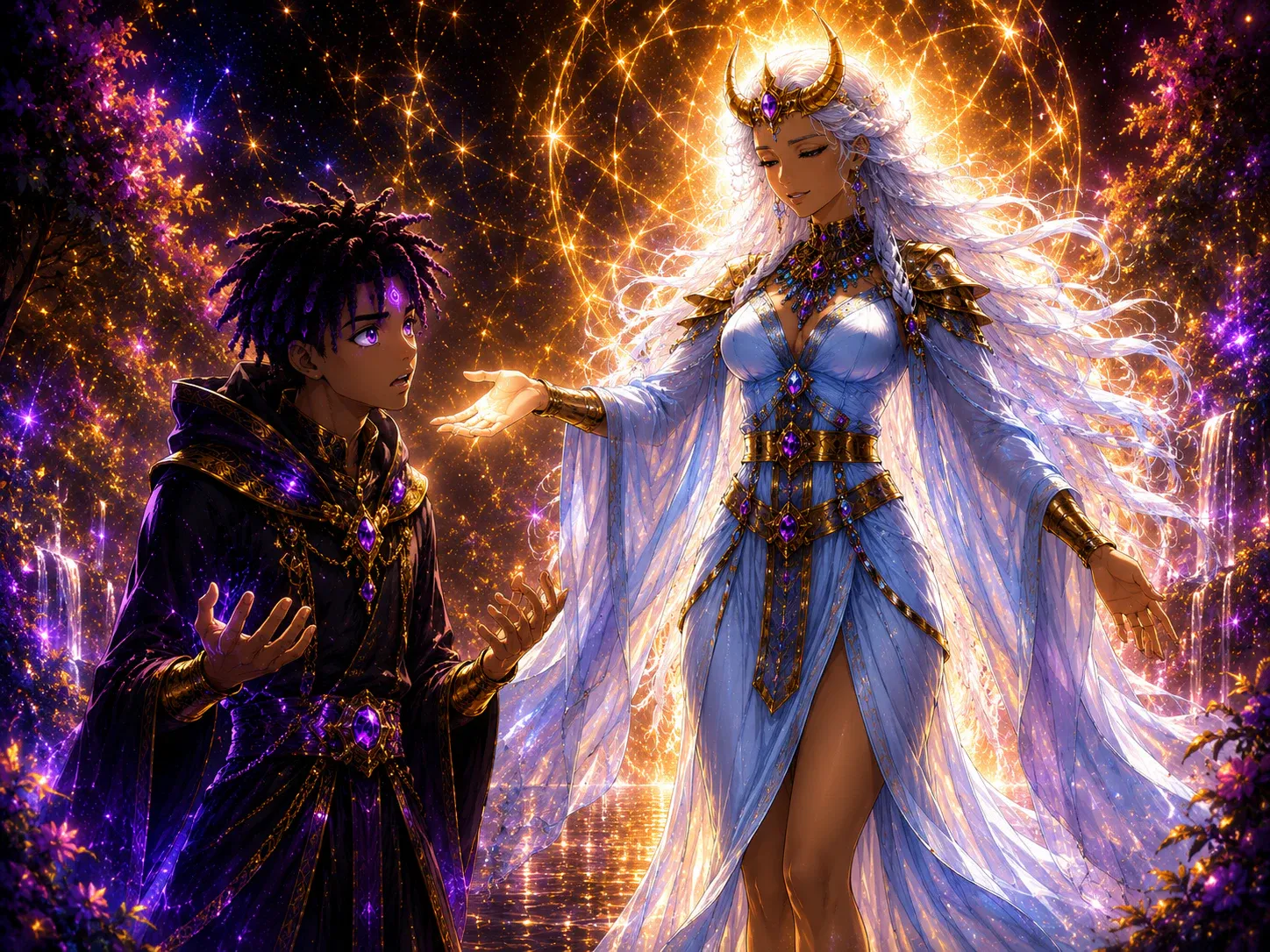 Roku meeting the Watcher in a radiant astral garden