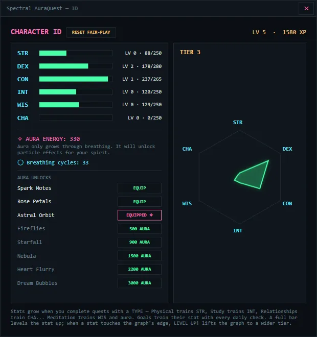 Aura Quest character screen — RPG stats, aura energy, and a radial growth chart