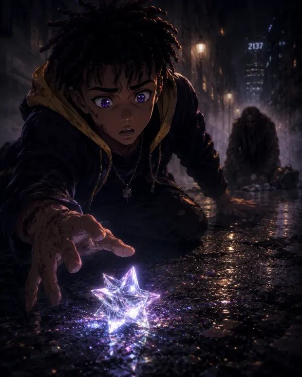 A hand reaching for a glowing crystal on a rain-slick street