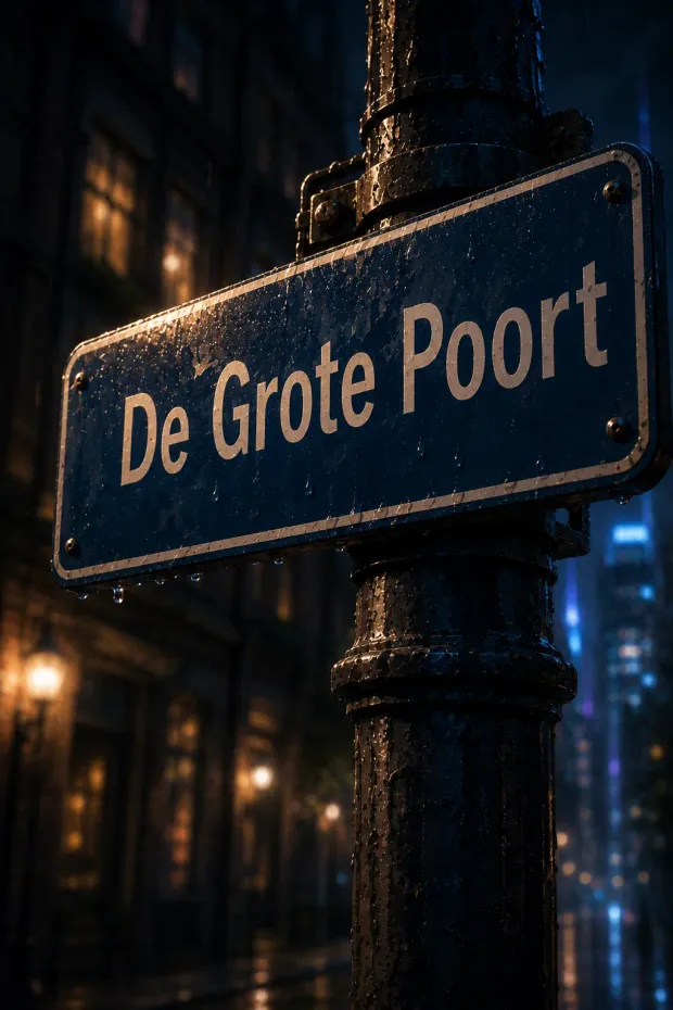 The De Grote Poort street sign under a violet sky