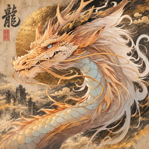 A gold and ivory dragon on gilded paper