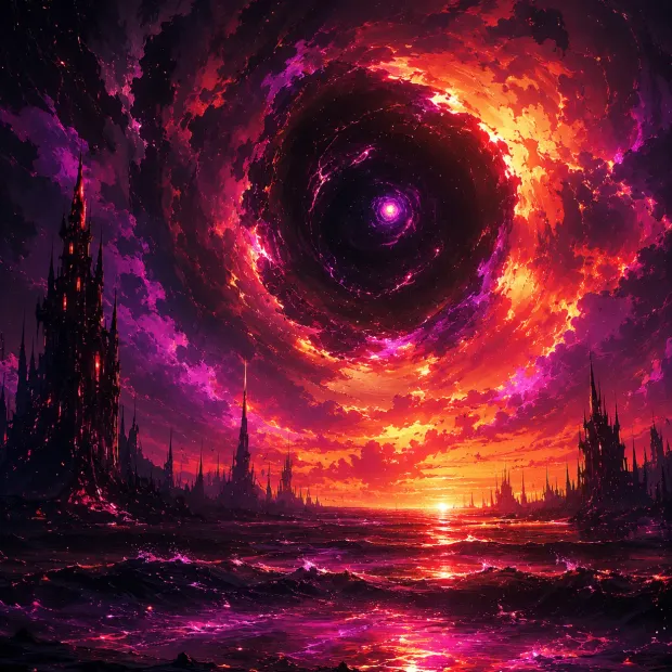A crimson vortex above a ruined skyline