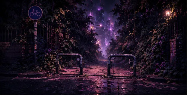 An overgrown alley at dusk