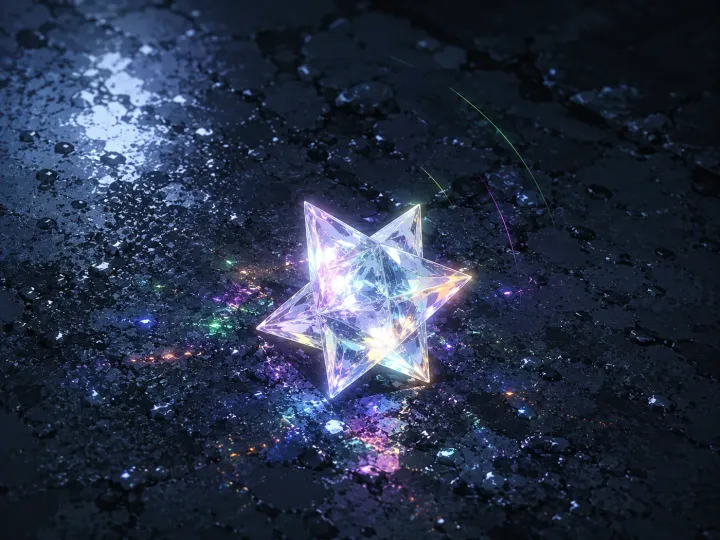 A crystalline star tetrahedron resting on dark ground
