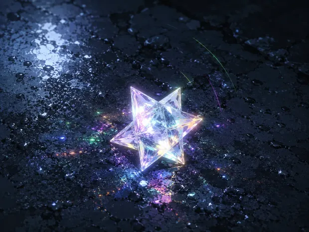 A star tetrahedron of light resting on wet stone