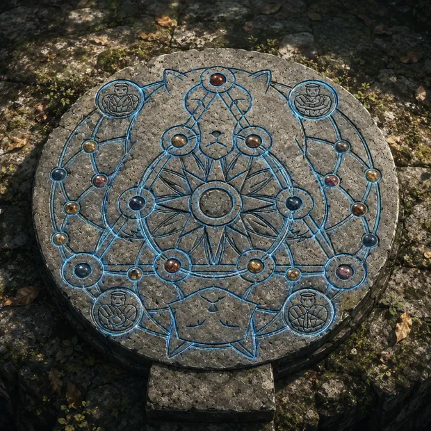 A carved stone altar covered in glowing sigils