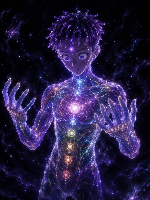 A figure of light with a constellation burning in their chest