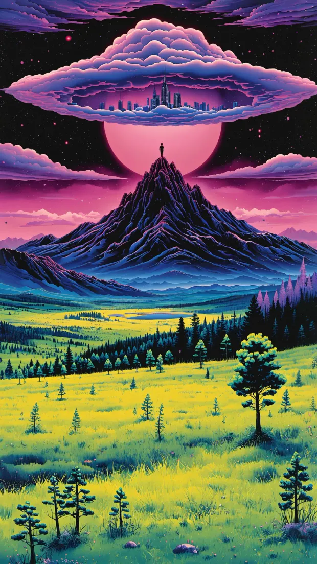 Pastel plains beneath an impossible mountain