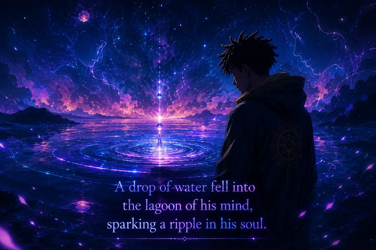 A figure standing at the edge of a luminous lagoon