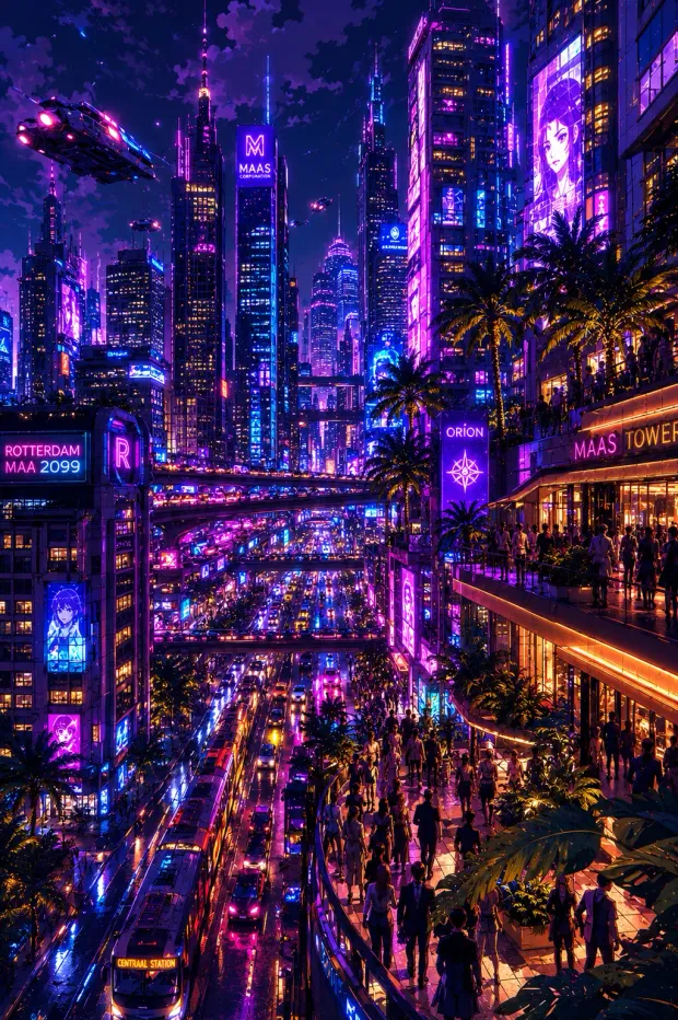 Neon-drenched Rotterdam in 2137