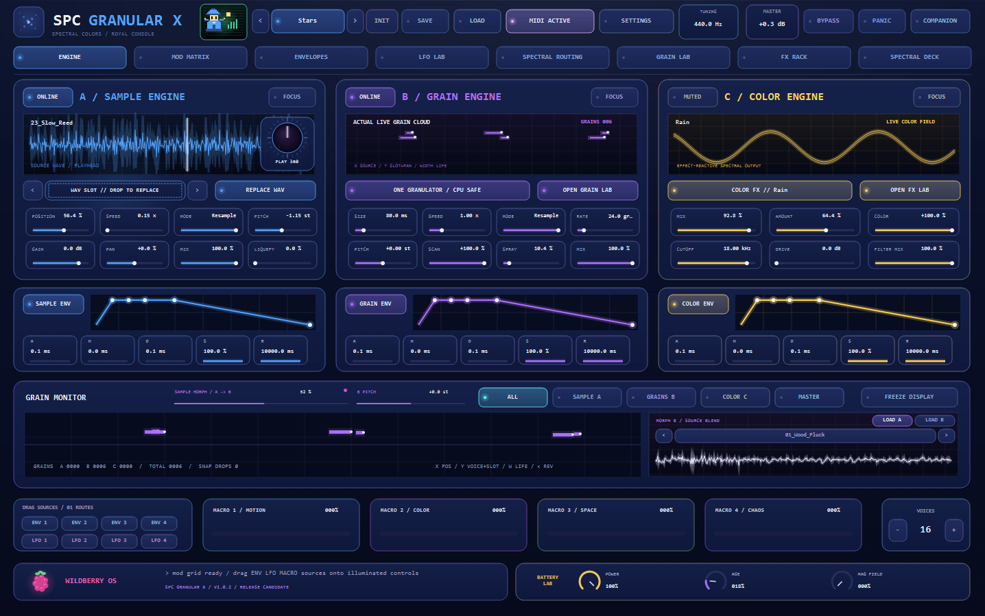 The split grain monitor: the live grain cloud on the left, the morph partner waveform and its sample selector on the right, with the SAMPLE MORPH and B PITCH controls above