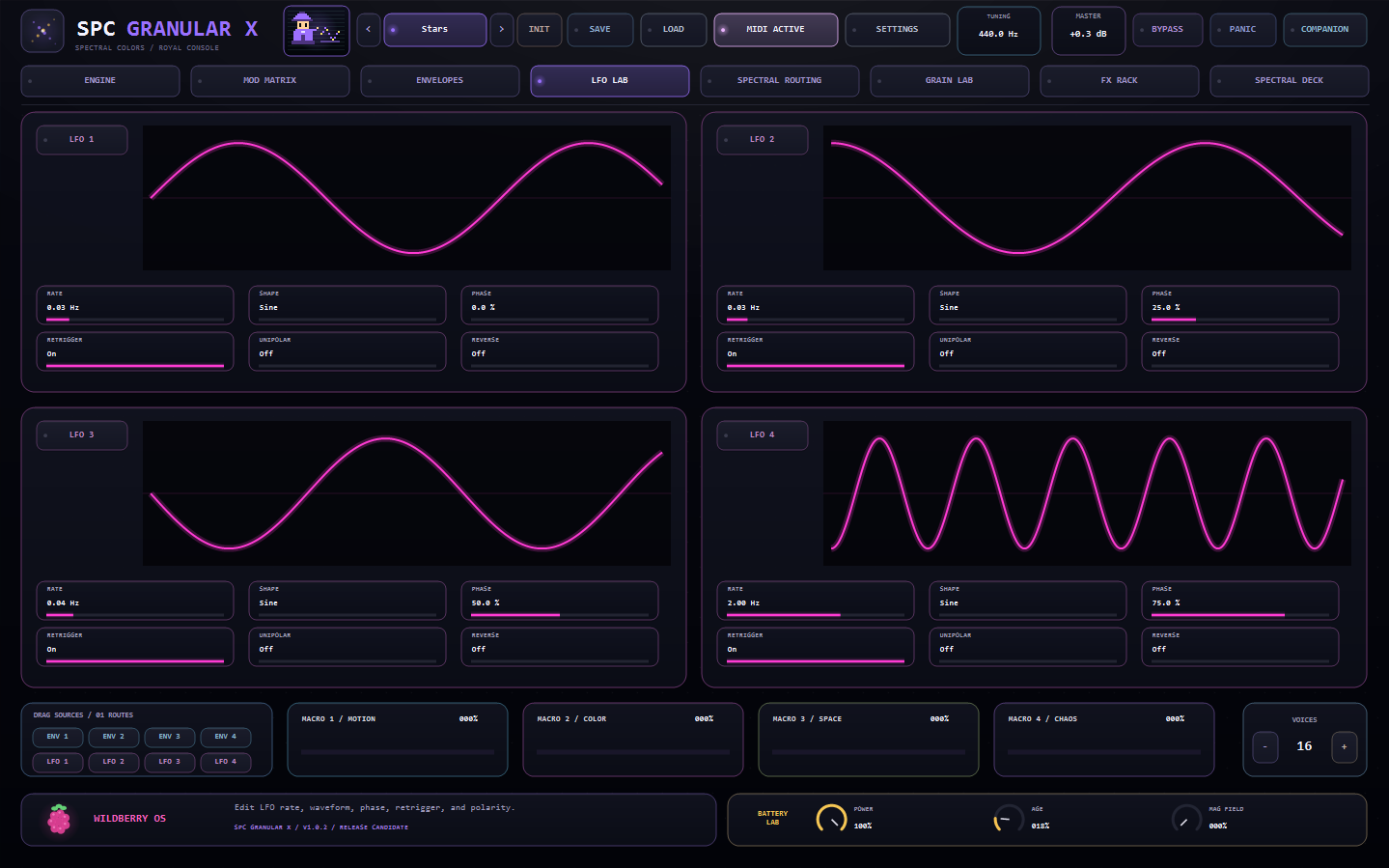 The system settings console showing the full theme picker: twenty-five console themes including Pearl, Aurora, Opal, Cotton, Holo and Iris